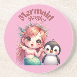 Kerst Zeemeermin Magic Kaart met Pinguïn Fun Zandsteen Onderzetter