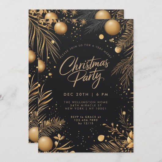 Kerst Zwart en Goud Elegant Feest Kaart (Voorkant / Achterkant)