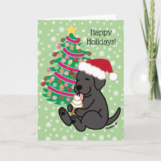Kerst zwart labrador ijs likken feestdagen kaart (Voorkant)