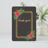 Kerst Zwart Poinsettia Goud Lijst bruiloft Bedankkaart (Staand voorkant)