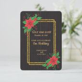 Kerst Zwart Poinsettia Goud Lijst bruiloft Save The Date (Staand voorkant)