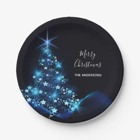Kerst zwarte blauwe boom modern papieren bordje (Voorkant)