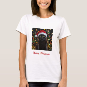 Kerst Zwarte Kat - Santa Hat Gepersonaliseerde fot T-shirt
