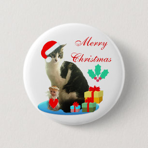 Kerstabel kat, kleine engel en cadeaus ronde button 5,7 cm