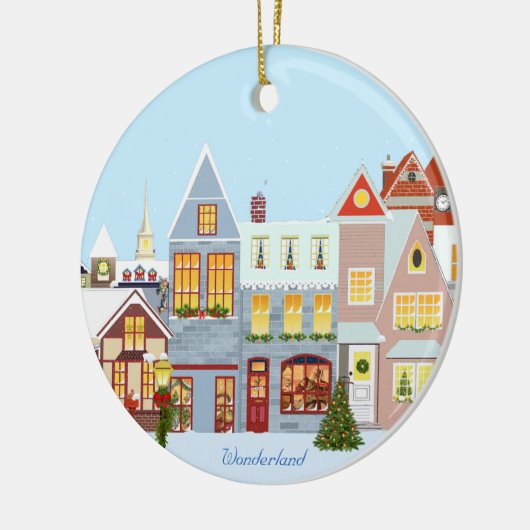 Kerstahuizen met blauwe lucht keramisch ornament (Links)