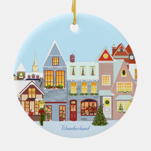 Kerstahuizen met blauwe lucht keramisch ornament (Achterkant)