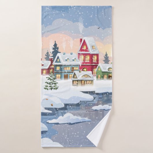 Kerstairlandschap met sneeuwdekhuis badhanddoek (Badhanddoek)