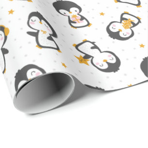 Kerstakerpinguïns op witte kerst cadeaupapier