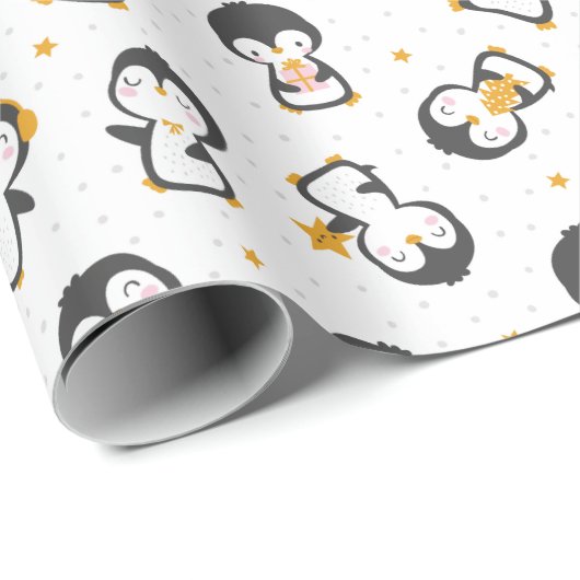 Kerstakerpinguïns op witte kerst cadeaupapier (Rol Hoek)
