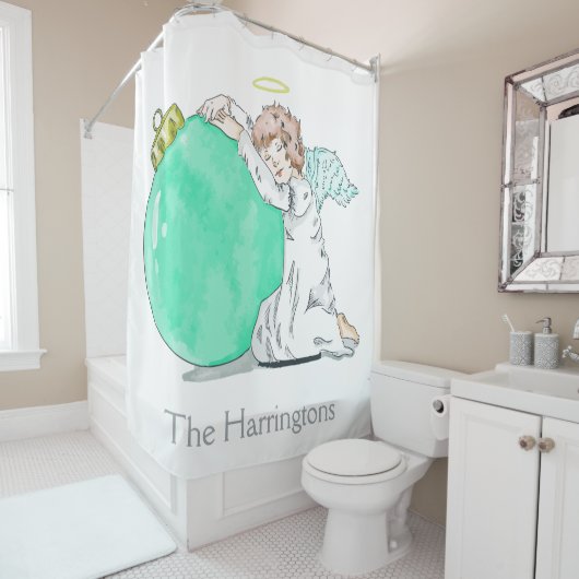 kerstangel, aangepast douchegordijn (In situ)