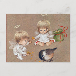 kerstangels die vogels voeden feestdagenkaart