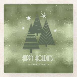 Kerstaven en Snowflakes Green ID863 Glazen Onderzetter