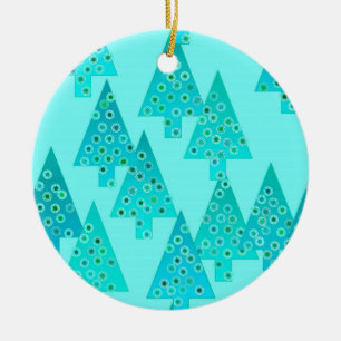 Kerstaven met een moderne bloem - aqua & pauock keramisch ornament