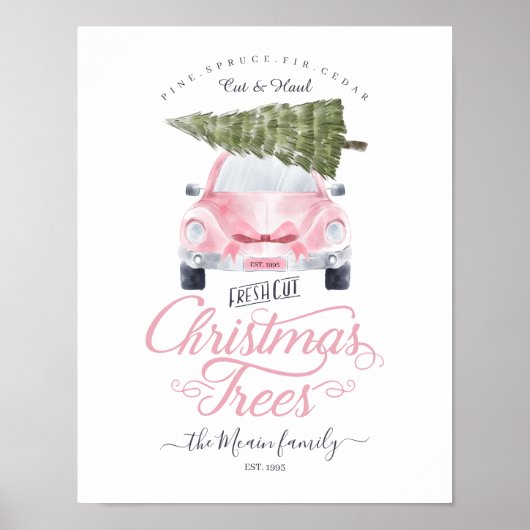Kerstaven met verse kerstbomen Roze Waterverf auto Poster (Voorkant)