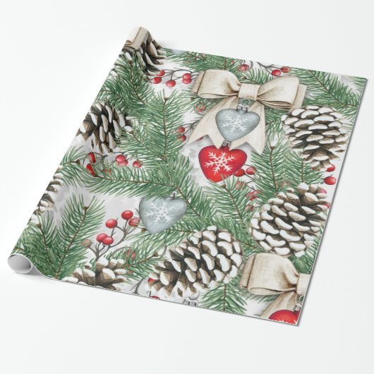 Kerstaven Pine Cone en Craft Hearts Snow Cadeaupapier (Uitgerold)