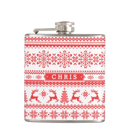 Kerstaveter monogram rode toneelpatroon heupfles (Voorkant)