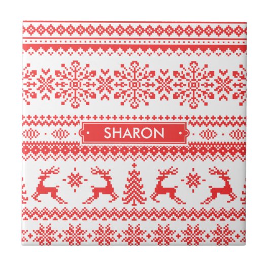 Kerstaveter monogram rode toneelpatroon tegeltje (Voorkant)