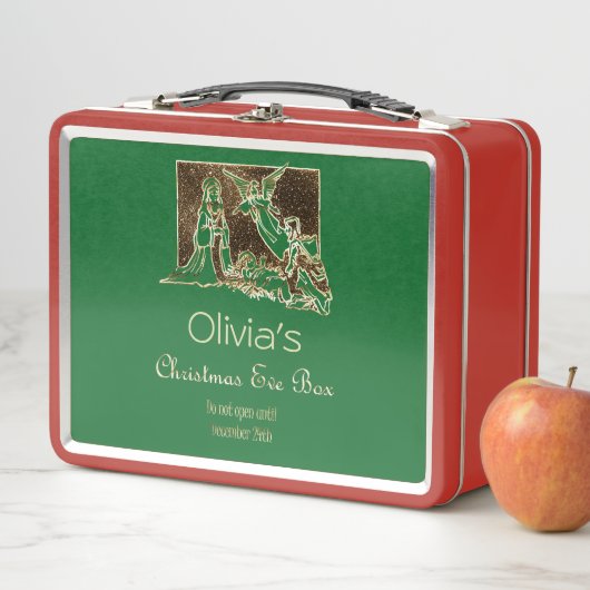 Kerstavond doos kerststal rood groen goud (In situ)