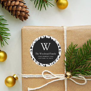 Kerstavond Evergreen Trees zwart en wit adres Ronde Sticker