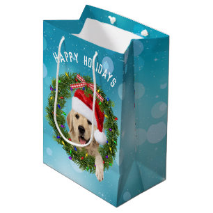 Kerstavond Golden Retriever op aqua bokeh Medium Cadeauzakje