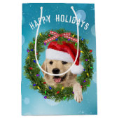 Kerstavond Golden Retriever op aqua bokeh Medium Cadeauzakje (Voorkant)