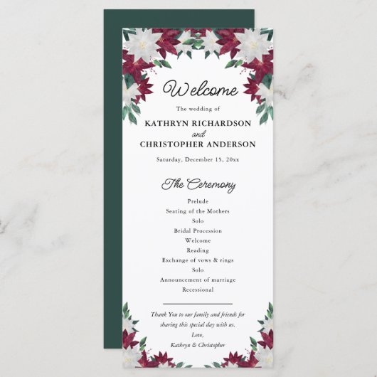 Kerstavond in Burgundy en White Poinsettia Programma (Voorkant / Achterkant)