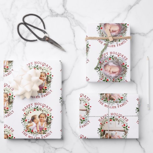 Kerstavond, rood Prettige feestdagen drie foto Inpakpapier Vel (Voorkant)