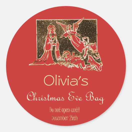 Kerstavond Tas Geboorte Rode Faux Gouden Tekst Ronde Sticker (Voorkant)