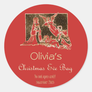 Kerstavond Tas Geboorte Rode Faux Gouden Tekst Ronde Sticker