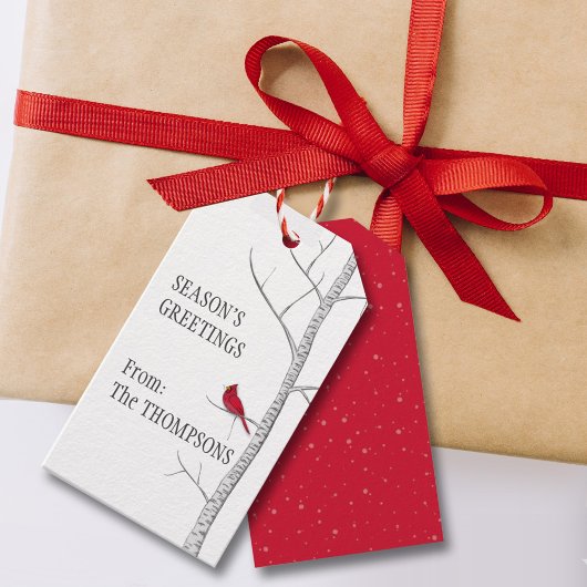 Kerstavond Winter Birch Tree Red Kardinaal Cadeaulabel
