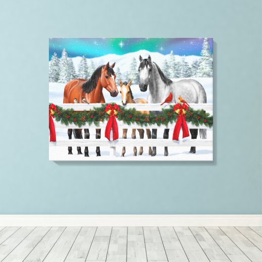 Kerstaxe Bay Buckskin Dapple Gray Horses Canvas Afdruk (Insitu (Houten vloer))