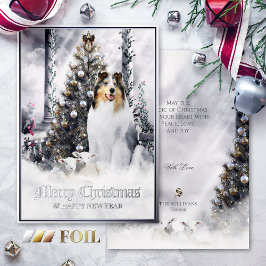 Kerstaxis, Blauwe Merle Rough Collie & Lambs - Folie Feestdagenkaart