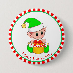 Kerstbaby-elf en cadeaudoos ronde button 7,6 cm