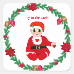 Kerstbaby met blij gezicht & dennenkrans vierkante sticker