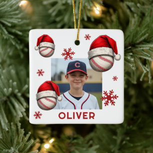 Kerstbal honkbal Santa hoed Naam Foto Kerstmis Keramisch Ornament