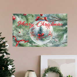 Kerstbal met rood lint en dennentakken spandoek