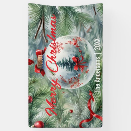 Kerstbal met rood lint en dennentakken spandoek (Verticaal)