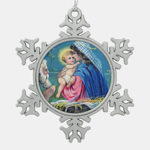Kerstbal met vintage heilige familie sneeuwvlok pa tin sneeuwvlok ornament