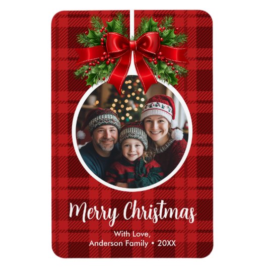 Kerstbal Ornament Foto Red Buffalo Plaid Magneet (Verticaal)