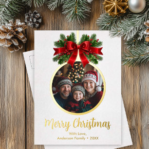 Kerstbal Ornament Holly Berries Foto wit Folie Feestdagen Briefkaart