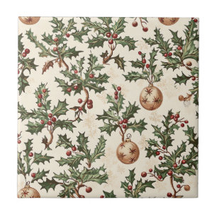 Kerstbal Vintage Crème Hulstbes Goud Tegeltje