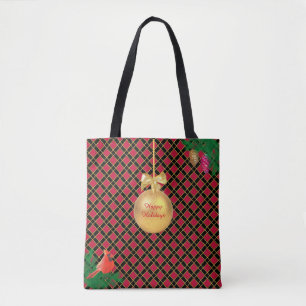 Kerstbal, vogel, dennenappels op Zwart & Rood Draagtas