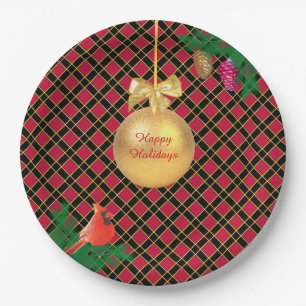 Kerstbal, vogel, dennenappels op Zwart & Rood Papieren Bordje