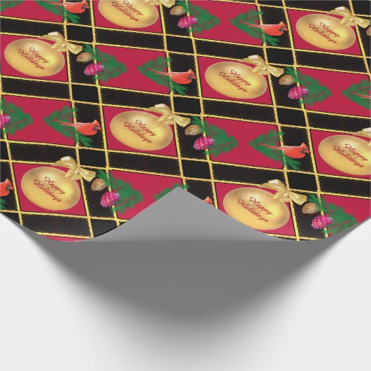 Kerstbal, vogel, pijnbomen op zwart-wit en rood cadeaupapier (Hoek)