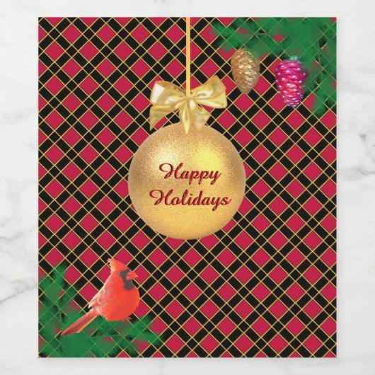 Kerstbal, vogel, pijnbomen op zwart-wit en rood wijn etiket (Enkel label)