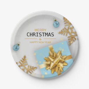 kerstballen Blauwe Gift Box Gold Snowflakes Papieren Bordje