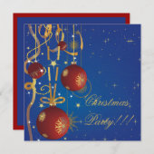 Kerstballen en linten blauwe feestuitnodiging kaart (Voorkant / Achterkant)