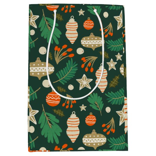 Kerstballen en Winter Bladgroen Medium Cadeauzakje (Voorkant)