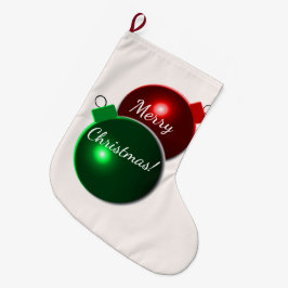 kerstballen: glimmend rood en groen met groet grote kerstsok