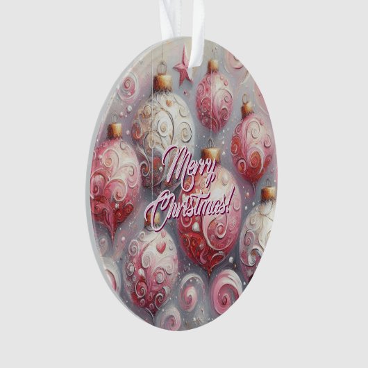 Kerstballen grillige wervelingen roze wit grijs ornament (voorkant)